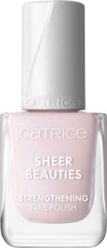 Jasnoróżowy, półprzezroczysty lakier Catrice Sheer Beauties Strengthening Nail Polish w szklanej butelce, przód.