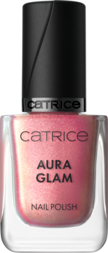Lakier Catrice Aura Glam 020 Solar Seduction, różowo-brokatowy z pomarańczowym blaskiem. Widok z przodu.