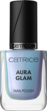 Catrice Aura Glam Nail Polish 040 Ocean Whisper, iridescent blue-pink shimmer, elegant glass bottle with black cap, front view.