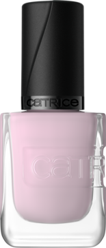 Jasnoróżowy lakier Catrice GEL AFFAIR 048 Frosted Crush w szklanej butelce z żelowym wykończeniem i czarną zakrętką, widok z przodu.