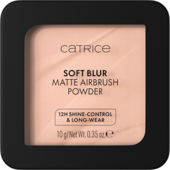 Jasnobeżowy puder matujący Catrice Soft Blur Matte Airbrush w czarnej, kwadratowej kasetce, widok z góry, 10g.