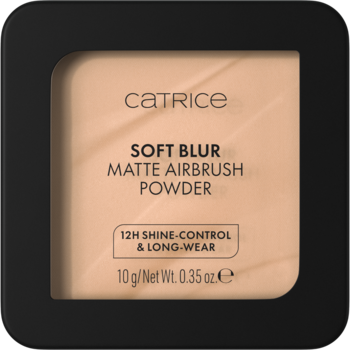 Kompakt Catrice Soft Blur Matte Airbrush Powder w czarnej oprawie, beżowy odcień, z tekstem 12H shine-control, widok z góry.