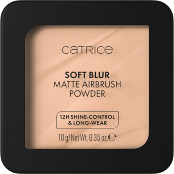 Catrice Soft Blur Matte Airbrush Powder w czarnym, kwadratowym kompakcie, beżowy puder z kontrolą połysku 12H, widok z góry.