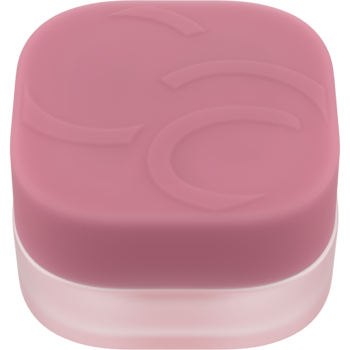 Różowy balsam do ust w kwadratowym pojemniku z matowym wieczkiem i logo, przezroczysta podstawa, widok z przodu.