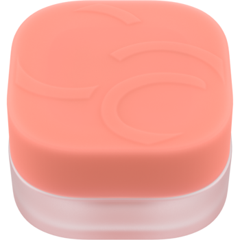 Kwadratowy słoiczek balsamu do ust w odcieniu koralowym z matową pokrywką i wytłoczonym logo, widok z góry.