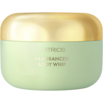 Jasnozielony słoik Catrice Fragranced Body Whip ze złotą błyszczącą pokrywką, matowy korpus, widok z przodu na białym tle.
