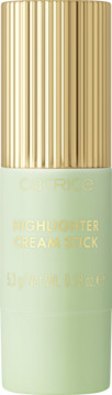 Catrice Highlighter Cream Stick w jasnozielonym opakowaniu z żebrowaną złotą zakrętką, widok z przodu.