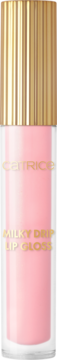Catrice Milky Drip Lip Gloss w przezroczystej butelce z mlecznoróżowym płynem i złotą, żeberkowaną zakrętką, widok z przodu.