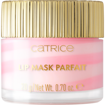Maska do ust Catrice Lip Mask Parfait w małym słoiczku z różowo-białymi pasami, złotą zakrętką i napisem, 20g.
