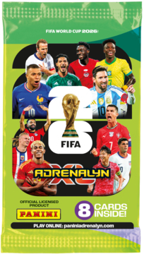 Panini FIFA World Cup 2026 Adrenalyn XL karty kolekcjonerskie, zielona saszetka z piłkarzami i trofeum, widok z przodu.