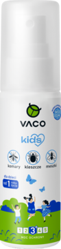 Biały spray VACO Kids na komary, kleszcze, meszki, dla dzieci od 1. roku życia, z ilustracją, widok z przodu.