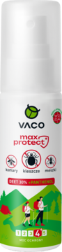 Biały spray VACO Max Protect z DEET 30% na komary, kleszcze, meszki. Widok z przodu, zielony krajobraz.
