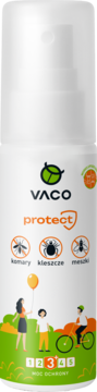 Biały spray VACO protect na komary, kleszcze i meszki. Etykieta z wizerunkiem dzieci, roweru i wskaźnikiem ochrony 3/5.