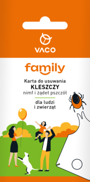 Karta VACO Family do usuwania kleszczy, nimf i żądeł pszczół, dla ludzi i zwierząt, na pomarańczowym opakowaniu z grafiką.