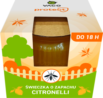 Świeczka VAGO protect citronella, biało-pomarańczowe opakowanie z otwartym oknem na żółte wkłady, czas działania do 18 H.