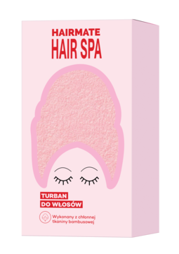HAIRMATE HAIR SPA superchłonny różowy turban do włosów z bambusa, widok z przodu opakowania.
