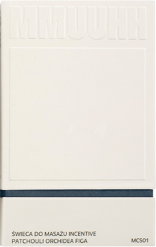 Białe opakowanie świecy do masażu Incentive MMUUHH, z wytłoczonym logo, ciemnym paskiem i opisem PATCHOULI ORCHIDEA FIGA, widok z przodu.
