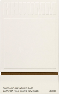 Biała świeca do masażu HHUUMM Release; przód opakowania z tłoczonym logo i opisem: lawenda, palo santo, rumianek.