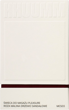 Białe opakowanie świecy HHUUMM Pleasure z różą, maliną i drzewem sandałowym, z wytłoczonym logo, widok z przodu.
