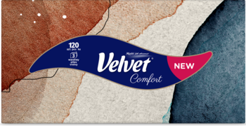 Granatowa etykieta Velvet Comfort chusteczek 120 szt. z różowym oznaczeniem NEW na abstrakcyjnym tle.