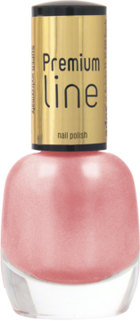 Ados Premium Line lakier do paznokci w butelce, jasnoróżowy perłowy, ze złotą nakrętką. Widok z przodu.