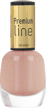 Ados Premium Line długotrwały lakier do paznokci w jasnym, brokatowym różu, butelka ze złotą nakrętką. Widok z przodu.