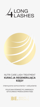 4 Long Lashes Nutri Care, kuracja regenerująca rzęsy. Złoty, obły symbol z białymi pasmami, na jasnoszarym tle.