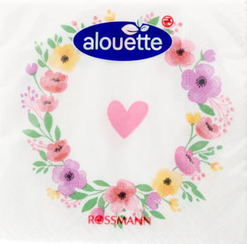 Chusteczki higieniczne Alouette Rossmann z wiankiem pastelowych kwiatów i różowym sercem, widok na opakowanie.