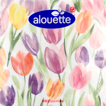 Serwetki Alouette Rossmann z pastelowymi tulipanami, różowe, fioletowe, żółte i pomarańczowe, widok z góry.