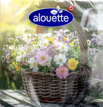 Foliowe opakowanie Alouette z obrazem wiklinowego kosza pełnego barwnych kwiatów na tle ogrodu.