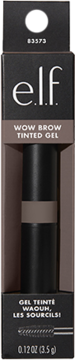 E.l.f. Wow Brow Tinted Gel w brązowym opakowaniu, czarna tubka z jasnobrązowym paskiem widoczna przez otwór.