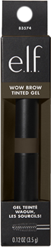 e.l.f. Wow Brow Tinted Gel w czarnym opakowaniu detalicznym z widoczną tubką, ciemny brąz, przód.