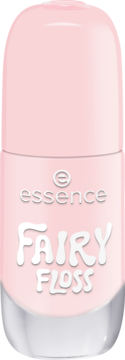 Jasnoróżowy lakier do paznokci essence 07 Fairy Floss, butelka z białym napisem, widok z przodu.