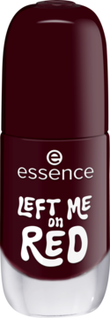 Essence żelowy lakier do paznokci 12 LEFT ME on RED, butelka w głębokiej czerwieni, widok z przodu, żelowy połysk.