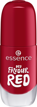 essence 14 My Favour Red, ciemnoczerwony żelowy lakier do paznokci, widok z przodu, białe napisy na czerwonej butelce.
