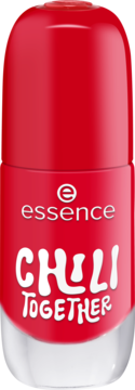 Żelowy lakier essence 16 CHILI TOGETHER w butelce, żywa czerwień z białym napisem i lśniącym wykończeniem.