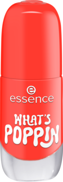 Błyszczący lakier żelowy essence 18 WHAT'S POPPIN. Czerwona butelka z białym napisem, widok z przodu.