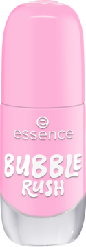 Lakier żelowy Essence 21 BUBBLE RUSH baby pink, butelka z różową zakrętką i białym spodem, widok z przodu.