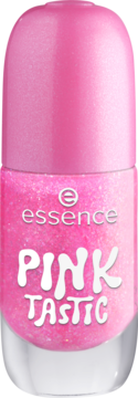 Essence 23 PINKTASTIC żelowy lakier do paznokci, brokatowy róż. Butelka z różową nakrętką, widok z przodu.