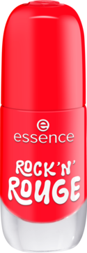 Ognistoczerwony lakier żelowy essence 25 ROCK 'N' ROUGE, lśniące wykończenie. Butelka widziana z przodu.