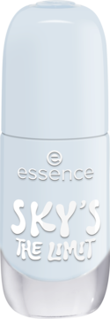 Lakier żelowy Essence SKY'S THE LIMIT, butelka w odcieniu baby blue z białym napisem, widok przód.