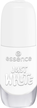 essence 33 JUST WHITE żelowy lakier do paznokci w białej butelce z białą nakrętką, z przodu napis 'essence' i 'JUST WHITE'.