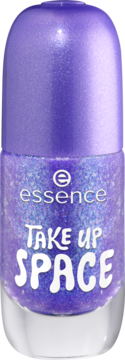 essence gel nail polish 34 TAKE UP SPACE, błyszczący fiolet z drobinkami, butelka z białym napisem, widok z przodu.