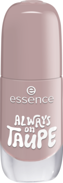 Flakon lakieru essence 37 ALWAYS on TAUPE. Żelowy lakier w delikatnym szarym beżu z białym napisem, widok z przodu.