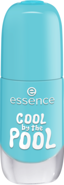 Błękitny lakier essence COOL by the POOL, żelowy połysk. Butelka z białym tekstem, widok z przodu.