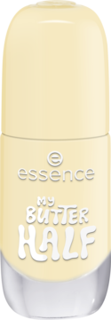Pionowa butelka żelowego lakieru essence My Butter Half, nr 40, w pastelowym, kremowym odcieniu żółci, z białymi napisami.