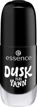 Żelowy lakier do paznokci essence 45 DUSK till YAWN, czarna butelka z białymi napisami, widok z przodu.