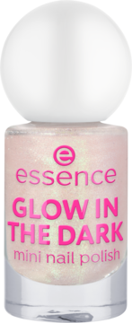 essence GLOW IN THE DARK mini lakier do paznokci, opalizujący róż ze złotymi drobinkami, biała zakrętka, widok przód.
