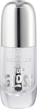 essence TOP GLOSS transparentny, lśniący top coat do paznokci w butelce ze srebrną nakrętką, widok z przodu.