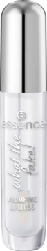 Przezroczysty błyszczyk essence What The Fake! Plumping Lipgloss, srebrna zakrętka, widok z przodu.